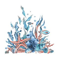 Underwater world clipart with sea animals starfish, fish, shells, coral and algae. Hand drawn watercolor illustration. Isolated composition on a white background. © NATASHA-CHU