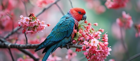 A parrot from India perches on a branch, consuming sakura blossoms.