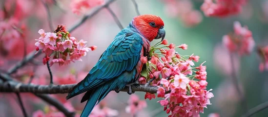 Gordijnen A parrot from India perches on a branch, consuming sakura blossoms. © AkuAku