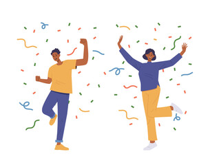 Happy partying man and woman cartoon characters jumping under confetti rain rejoicing celebrating