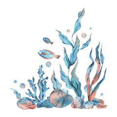Underwater world clipart with sea animals fish, pebbles, bubbles, coral and algae. Hand drawn watercolor illustration. Isolated composition on a white background.