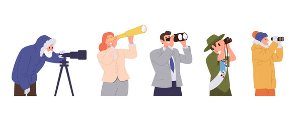 Curious man and woman cartoon characters using binoculars and telescope set isolated on white - obrazy, fototapety, plakaty