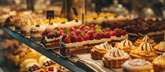 French pastries showcased at a confectionery store in France. - obrazy, fototapety, plakaty