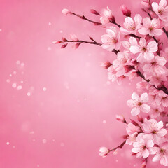 Fototapeta na wymiar Pink background with branches with cherry leaves