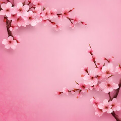 Fototapeta na wymiar Pink background with branches with cherry leaves