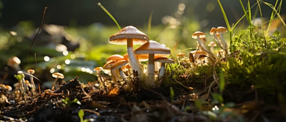 Foto op Plexiglas Cluster of mushrooms nestled in lush grass. © smth.design