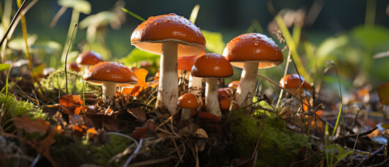 Vibrant orange-cap boletus mushrooms in a lush forest.