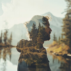 World mental health day concept: breathing exercise, meditation, mindfulness, solo travel solitude. Double exposure portrait of man blended with nature landscape. Banner with copy space. - obrazy, fototapety, plakaty