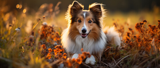 Obraz premium Sheltie dog in sunset light.