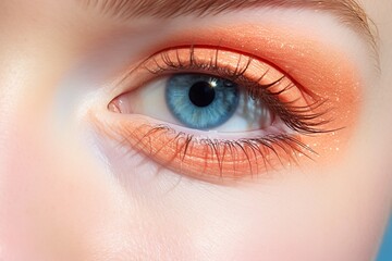 Fototapeta premium Beauty fashion photoshoot peach eyeshadow with blue eyes model studio lighting