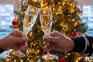 New year or christmas dinner, two man hands with glasses of champagne cava or prosecco wine crystal...