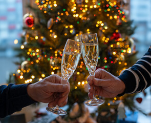 New year or christmas dinner, two man hands with glasses of champagne cava or prosecco wine crystal glasses with christmas tree and garland lights on background