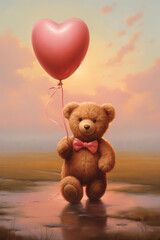 Oil painting of a Teddy bear Valentines Day gift holding a heart shaped balloon