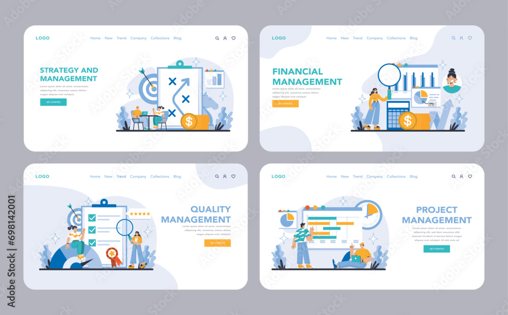 Poster strategy and management web or landing page set. showcasing strategic, financial, quality, and proje