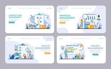 Obraz na płótnie Canvas Strategy and management web or landing page set. Showcasing strategic, financial, quality, and project management in business. Integrating core operations for optimal performance. vector illustration.