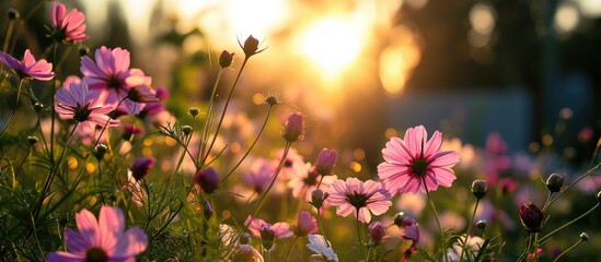 Sunset backdrop of Cosmos flowers in a garden during the evening.