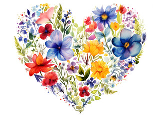 Beautiful watercolor painting heart with colorful flowers isolated on white background