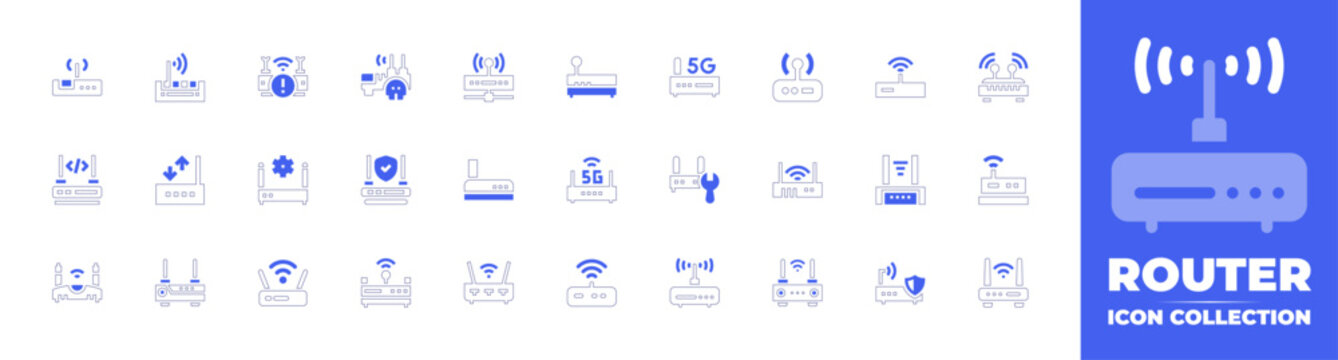 Router icon collection. Duotone color. Vector and transparent illustration. Containing router, wireless router, wifi router, wifi, signal, modem, communications, no internet.