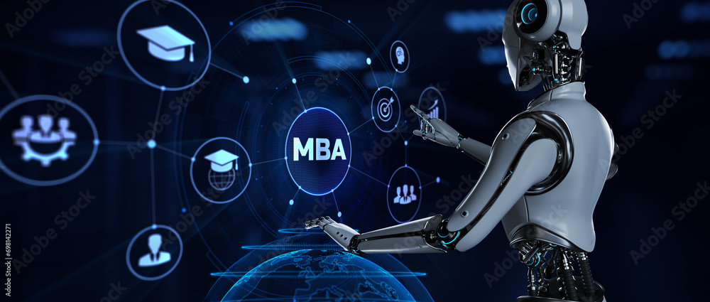 Poster mba master business administration education. robot pressing virtual button 3d render illustration.