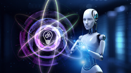 Innovation technology concept. Robot pressing button on screen 3d render.