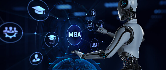 MBA Master business administration education. Robot pressing virtual button 3d render illustration. - obrazy, fototapety, plakaty