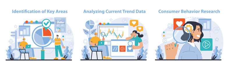 Trend watching set. Specialist tracking new business trends. Forecasting, data analysis and promotion strategy development. Flat vector illustration