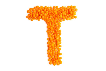 The capital letter 'T' formed from red lentil grains against a clean white backdrop. Perfect for a food blog and menu