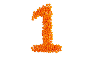 The digit '1' (one) formed from red lentil grains against a clean white backdrop. Perfect for a food blog and menu