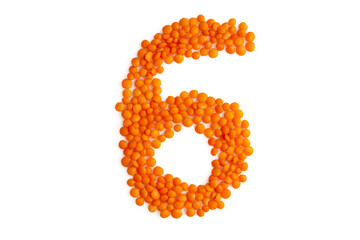 The digit '6' (six) formed from red lentil grains against a clean white backdrop. Perfect for a food blog and menu