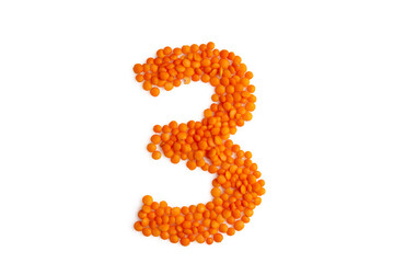 The digit '3' (three) formed from red lentil grains against a clean white backdrop. Perfect for a food blog and menu