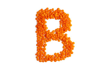 The capital letter 'B' formed from red lentil grains against a clean white backdrop. Perfect for a food blog and menu