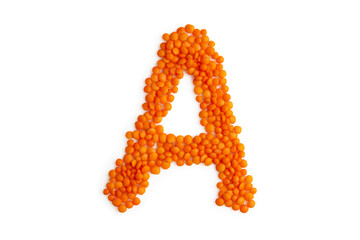The capital letter 'A' formed from red lentil grains against a clean white backdrop. Perfect for a food blog and menu
