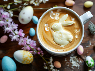 Top View of Coffee with easter bunny