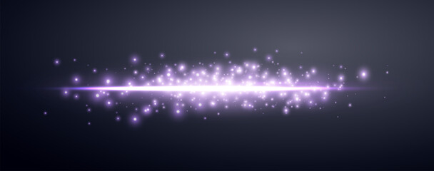 Purple horizontal lensflare. Light flash with rays or violet spotlight and bokeh. Glow flare light effect. Vector illustration. Isolated on dark background.