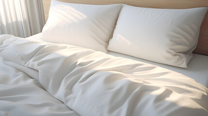 Comfortable bed with soft white pillows and bedding in bed - obrazy, fototapety, plakaty