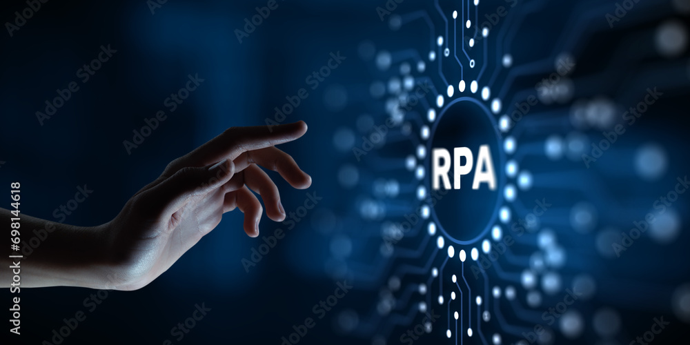 Poster rpa robotic process automation technology innovation concept. hand pressing button on screen.