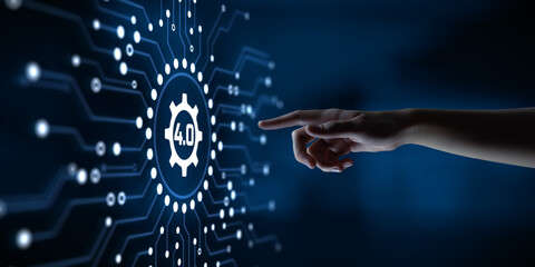 Industry 4.0 Smart manufacturing lean business innovation technology concept. Hand pressing button. - Powered by Adobe