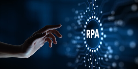 RPA Robotic process automation technology innovation concept. Hand pressing button on screen.
