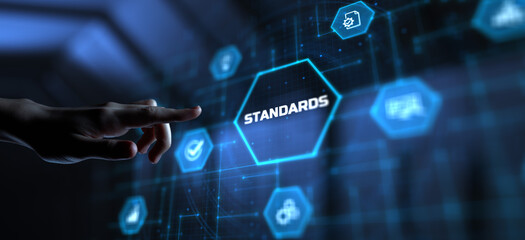 Standard standardization certification quality control assurance. Hand pressing button on virtual screen. - obrazy, fototapety, plakaty