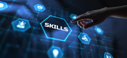 Skills Personal development concept. Hand pressing button on screen.