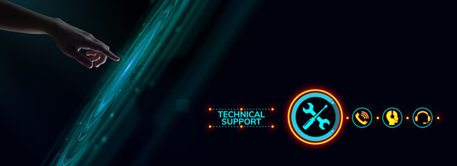 Technical support customer service quality assurance. Hand pressing button.