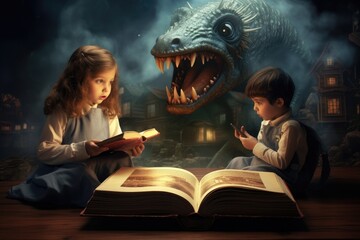 Children reading a book in a fantasy world. Fairy tale concept, A child's imagination being fuelled...