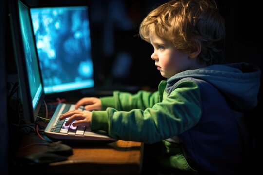 Cute little boy using a computer at night in a dark room, A child using a computer to master a new skill, AI Generated
