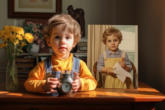 Portrait of a child with an alarm clock and a picture of a boy, A childhood picture re-created by grown-up children for mom, AI Generated