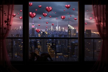 Valentine's day concept with red heart shaped balloons hanging from window, A cityscape seen through a window, adorned with love heart balloons, AI Generated - Powered by Adobe