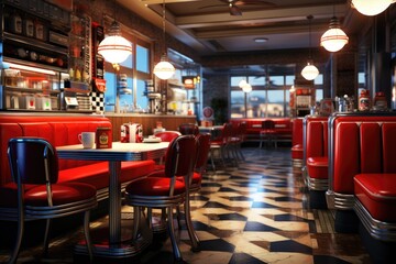 3d rendering of a beautiful brand new european restaurant in downtown, A classic diner scene with vintage elements, AI Generated