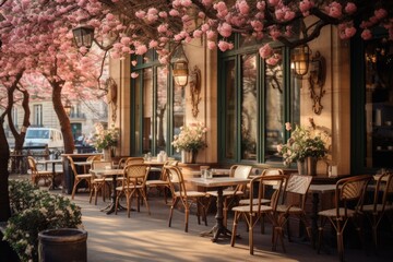 Fototapeta na wymiar Cafe in Paris, France, with cherry blossoms in full bloom, A classic Parisian cafe in the spring morning, AI Generated