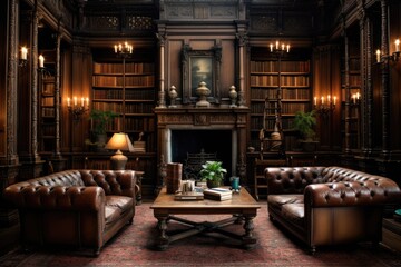 Interior of a classic library with fireplace, books and armchairs, A classic Victorian era library...