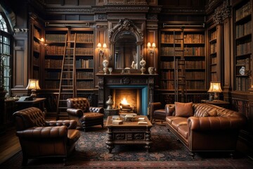 Luxury interior of the living room with a fireplace, leather armchairs and bookshelf, A classic Victorian era library with leather-bound books and wooden furniture, AI Generated - obrazy, fototapety, plakaty