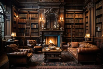Fotobehang Luxury interior of the living room with a fireplace, leather armchairs and bookshelf, A classic Victorian era library with leather-bound books and wooden furniture, AI Generated © Iftikhar alam